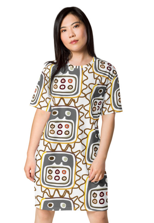 African Mask pattern White T-shirt dress