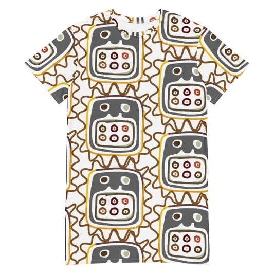 African Mask pattern White T-shirt dress